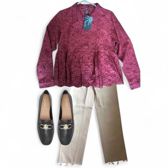 100% Cotton NWT Maroon / Burgundy Blouse with Eyelet peplum button down details - Picture 1 of 6